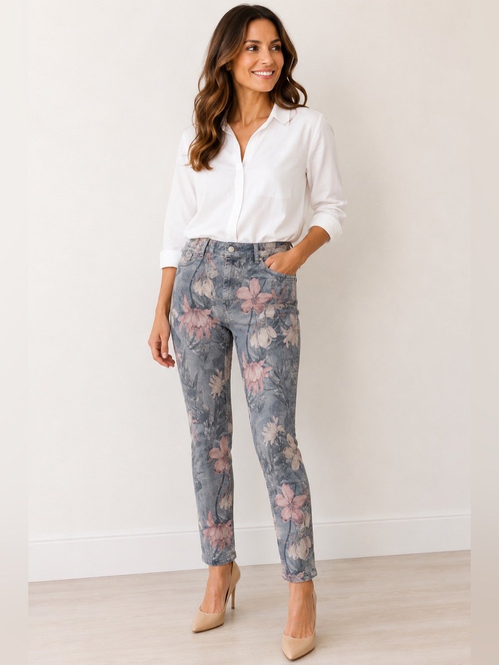 Frank Lyman Montréal Floral Print Stretch Skinny Jeans Gray Pink Size M